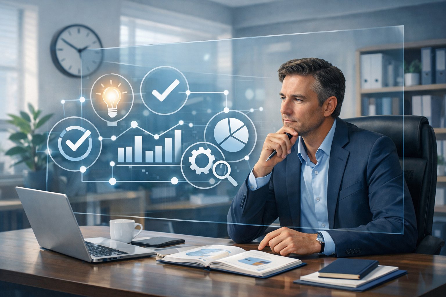 A businessperson at a desk analyzing data on a digital screen with icons representing decision-making and strategy in an office setting.