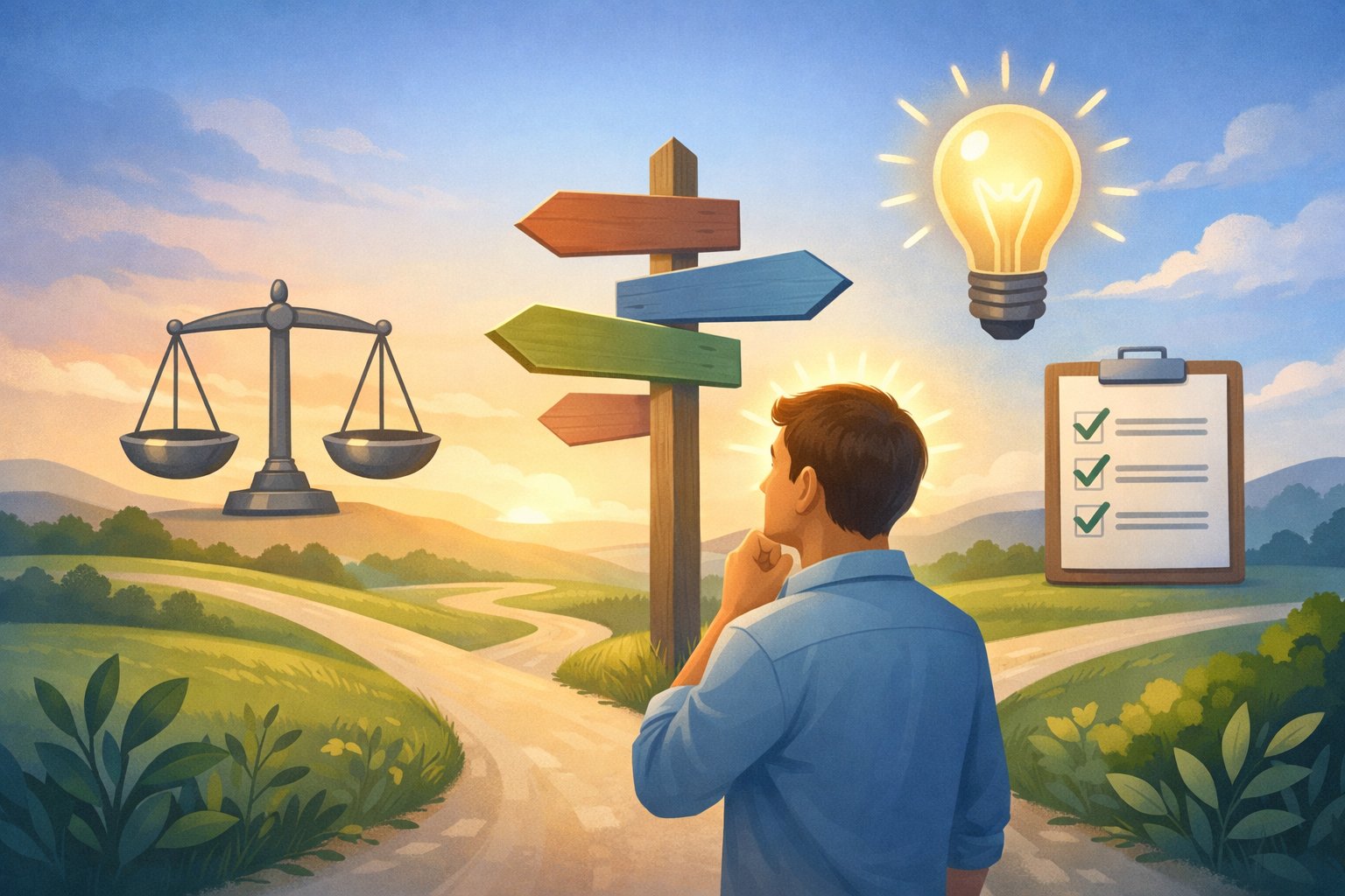 A person standing at a crossroads with multiple signposts, thoughtfully considering options surrounded by symbols of decision-making like a balanced scale, a lightbulb, and a checklist.