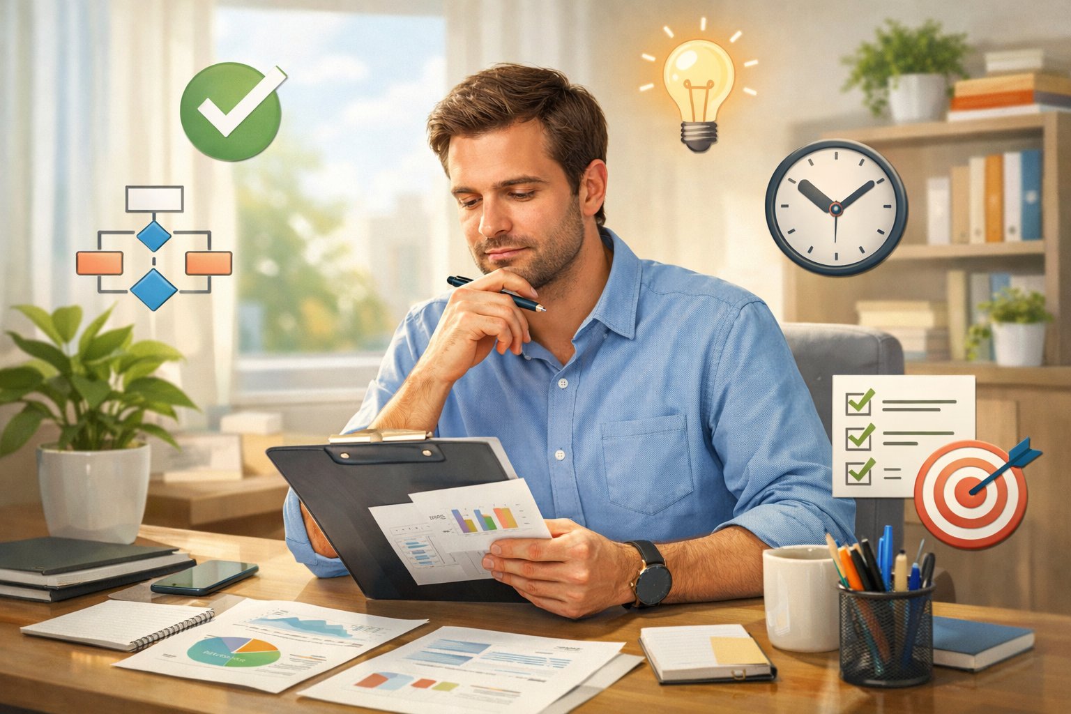 A person sitting at a desk in an office, reviewing charts and notes with symbols of decision-making like checkmarks and lightbulbs floating around.