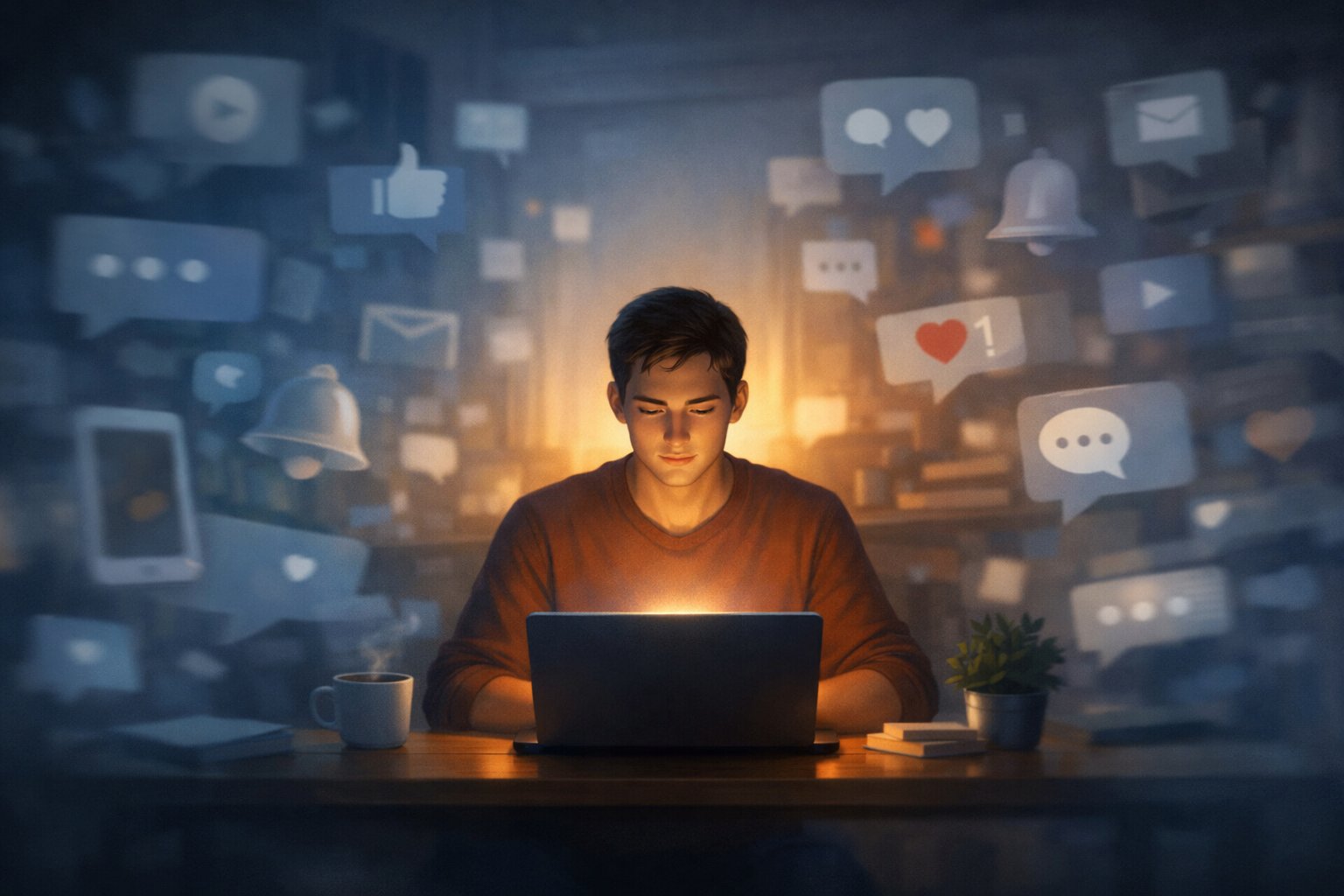 A person calmly focusing on a book or laptop at a desk while blurred icons of notifications and messages float around them.