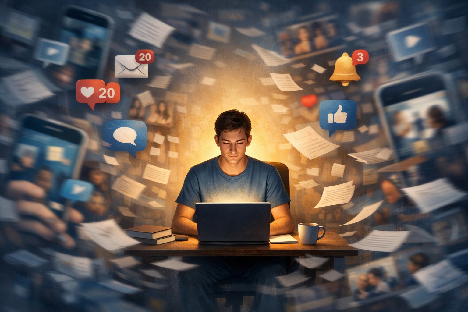 A person calmly focused on a book at a desk while blurred distractions like phones and notifications swirl around them.