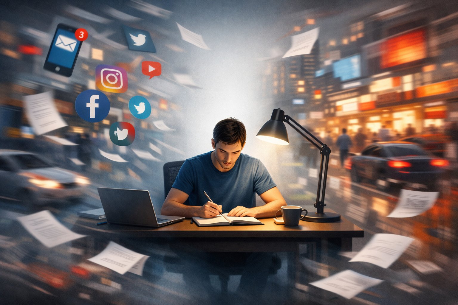 A person sitting at a desk deeply focused on their work while blurred distractions like smartphones and social media icons swirl around them.