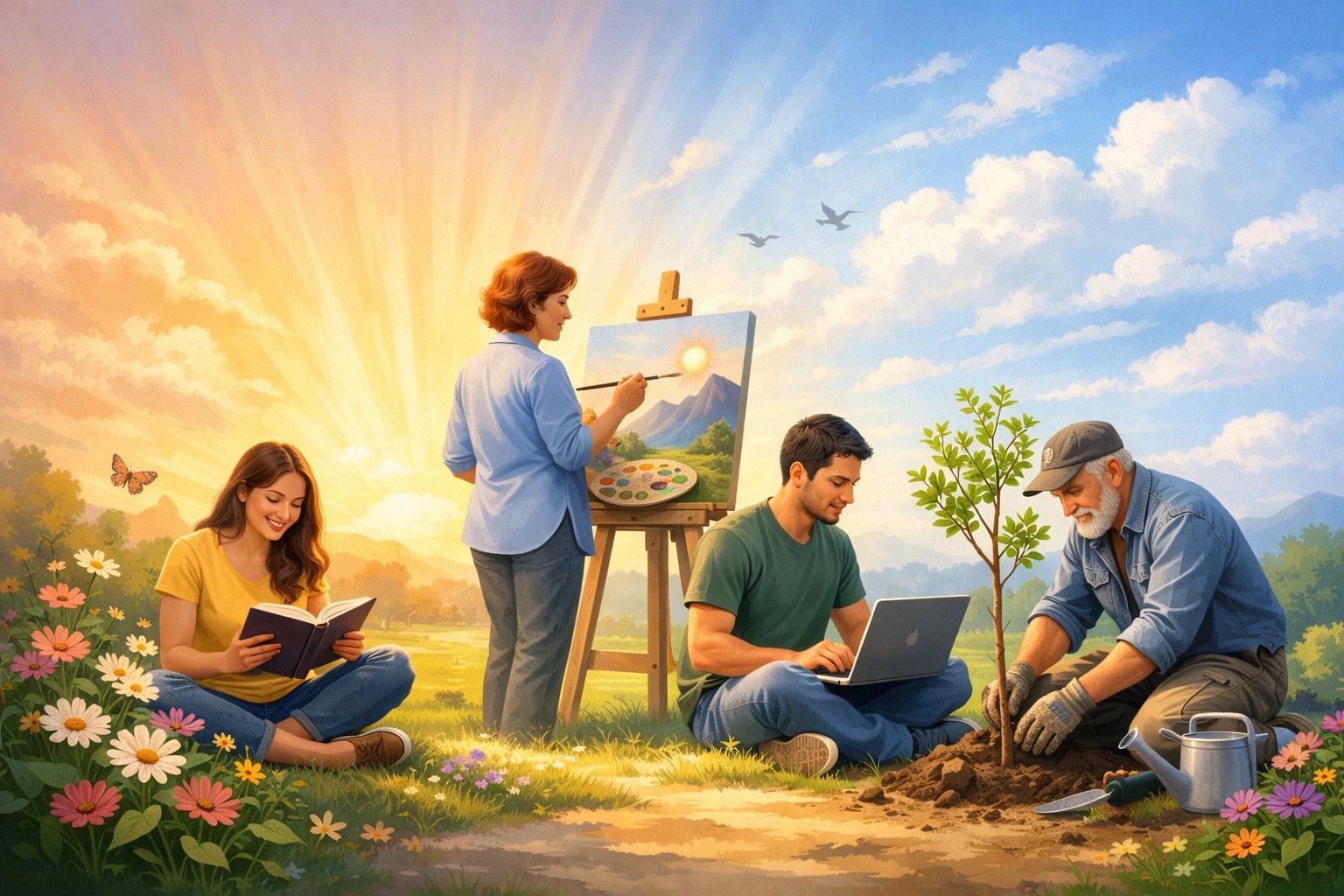 A diverse group of people of different ages engaged in activities like reading, painting, working on a laptop, and planting a tree in a bright, open environment symbolizing growth and new beginnings.