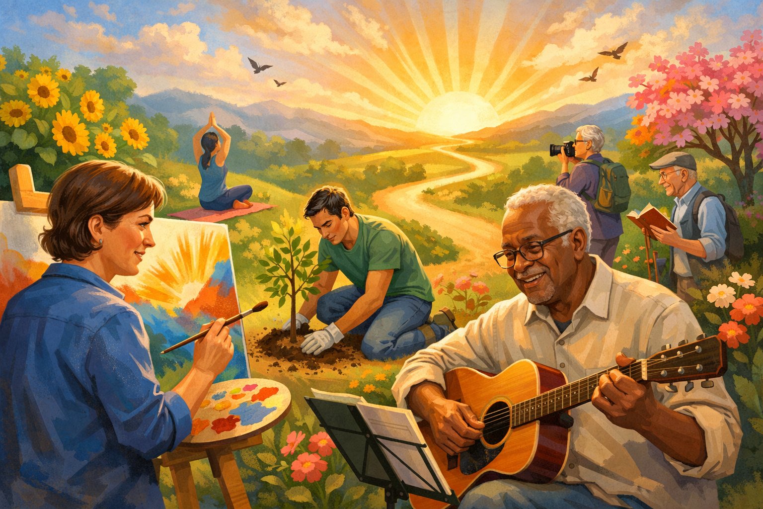People of different ages engaging in activities like painting, playing music, and planting a tree, symbolizing growth and new beginnings in a bright outdoor setting.