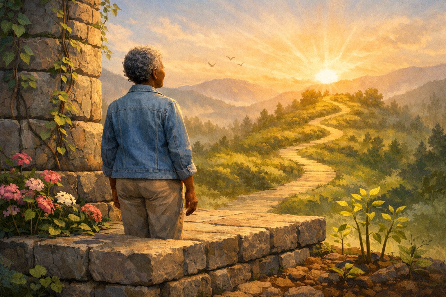 A person standing by a strong stone foundation with blooming plants around, looking toward a path leading through a vibrant landscape at sunrise.
