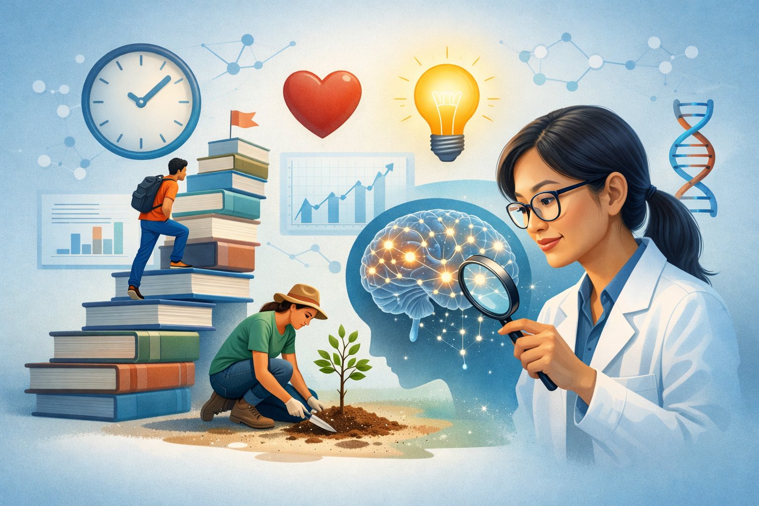 People engaging in activities like climbing stairs made of books, planting a tree, and studying a brain model, surrounded by icons representing time, passion, ideas, and biology.