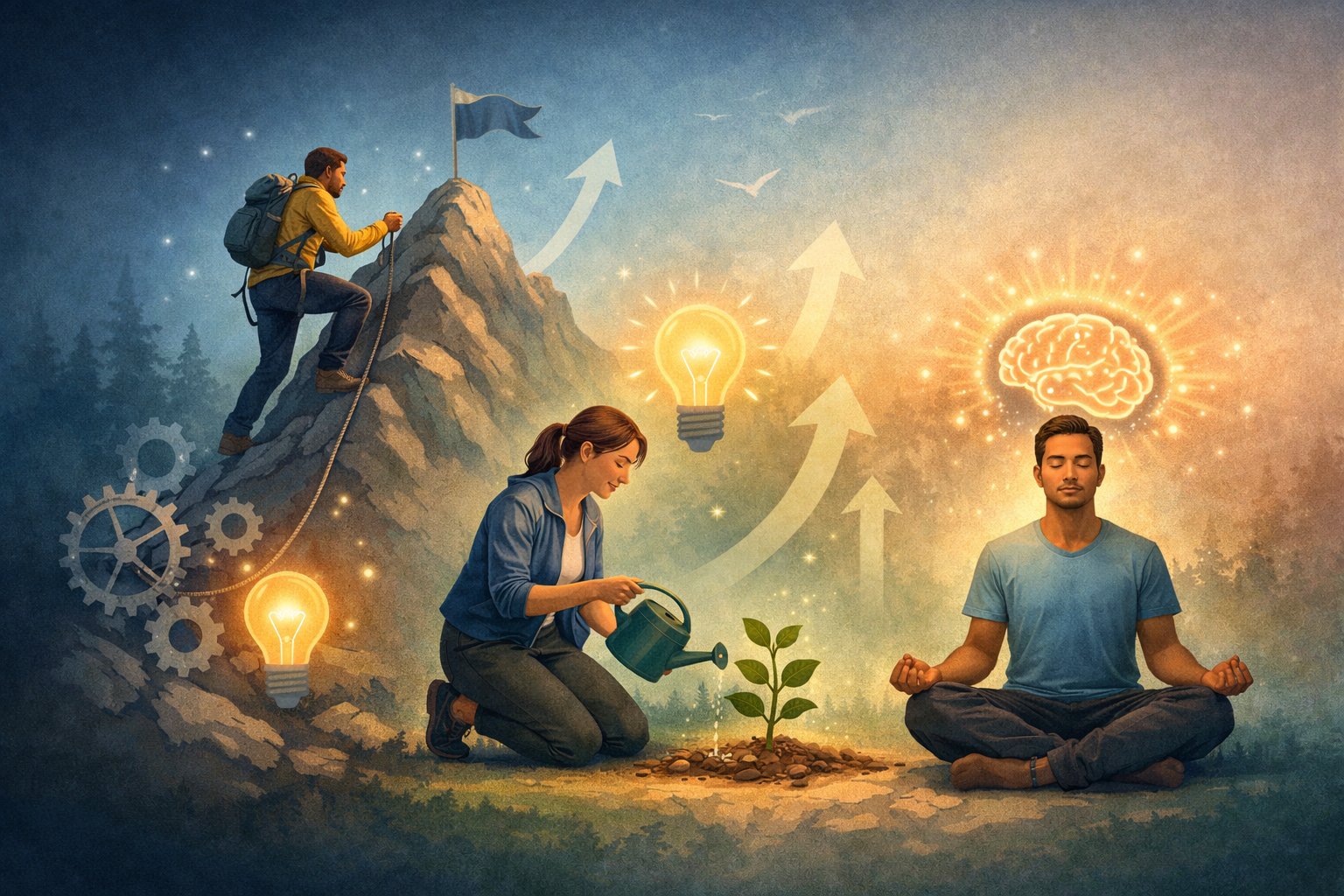 A diverse group of people climbing a mountain, watering a plant, and meditating with a glowing brain above, symbolizing growth, focus, and motivation.