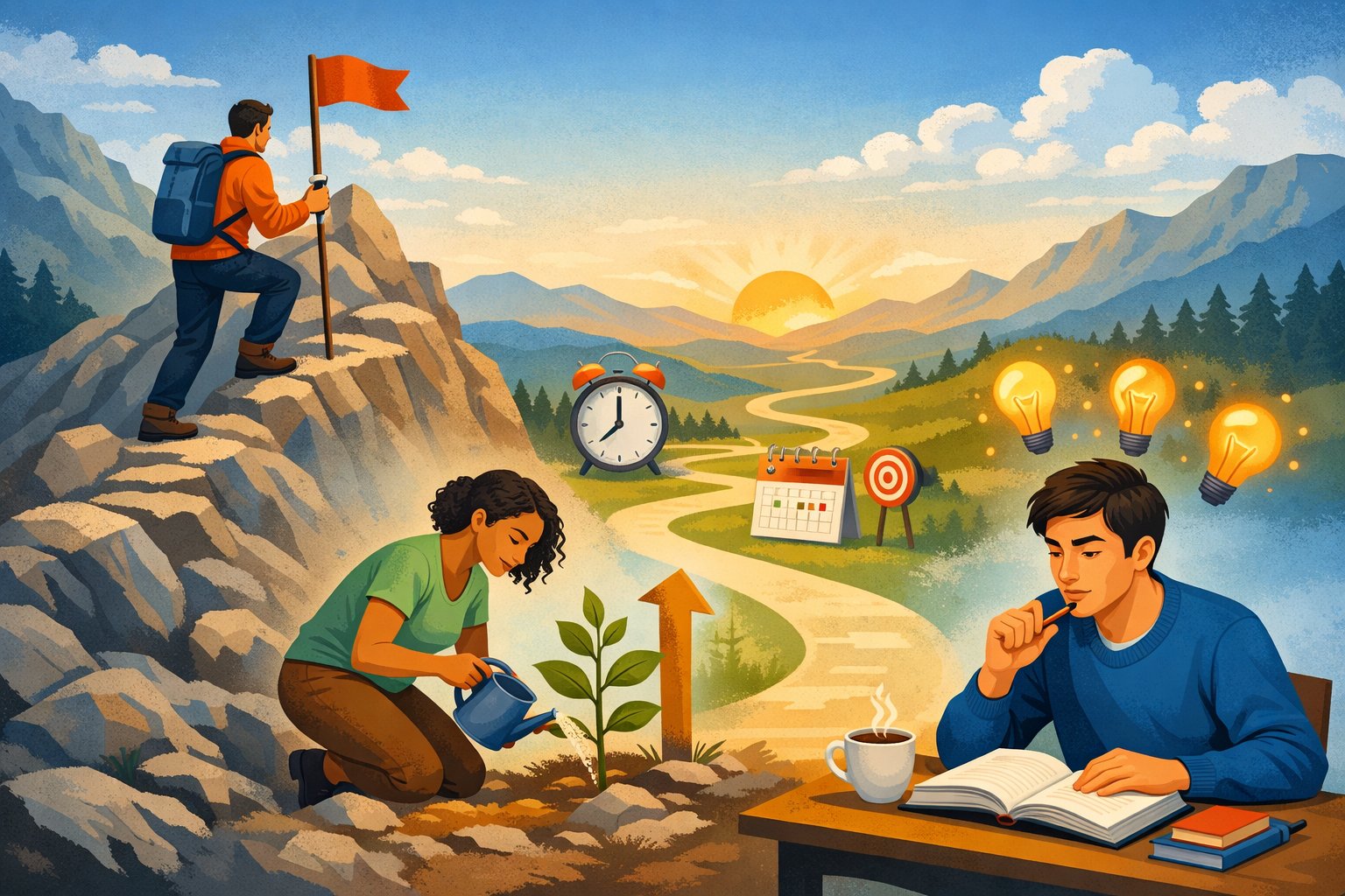 A scene showing people climbing a mountain, nurturing a plant, and brainstorming ideas along a winding path with clocks and goal markers in the background, symbolizing long-term motivation and progress.